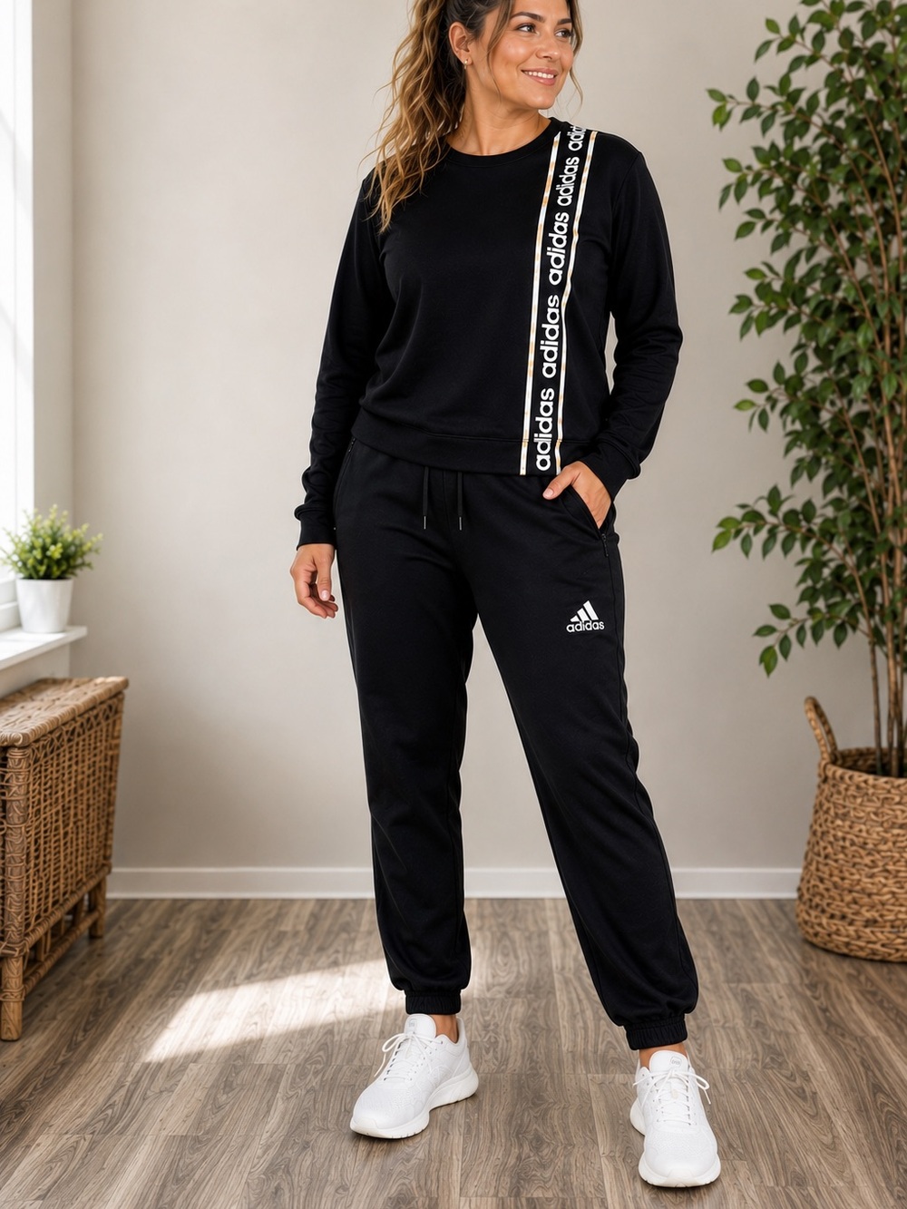 Adidas Women's large Black Jogger Pants with women’s XL black crewneck